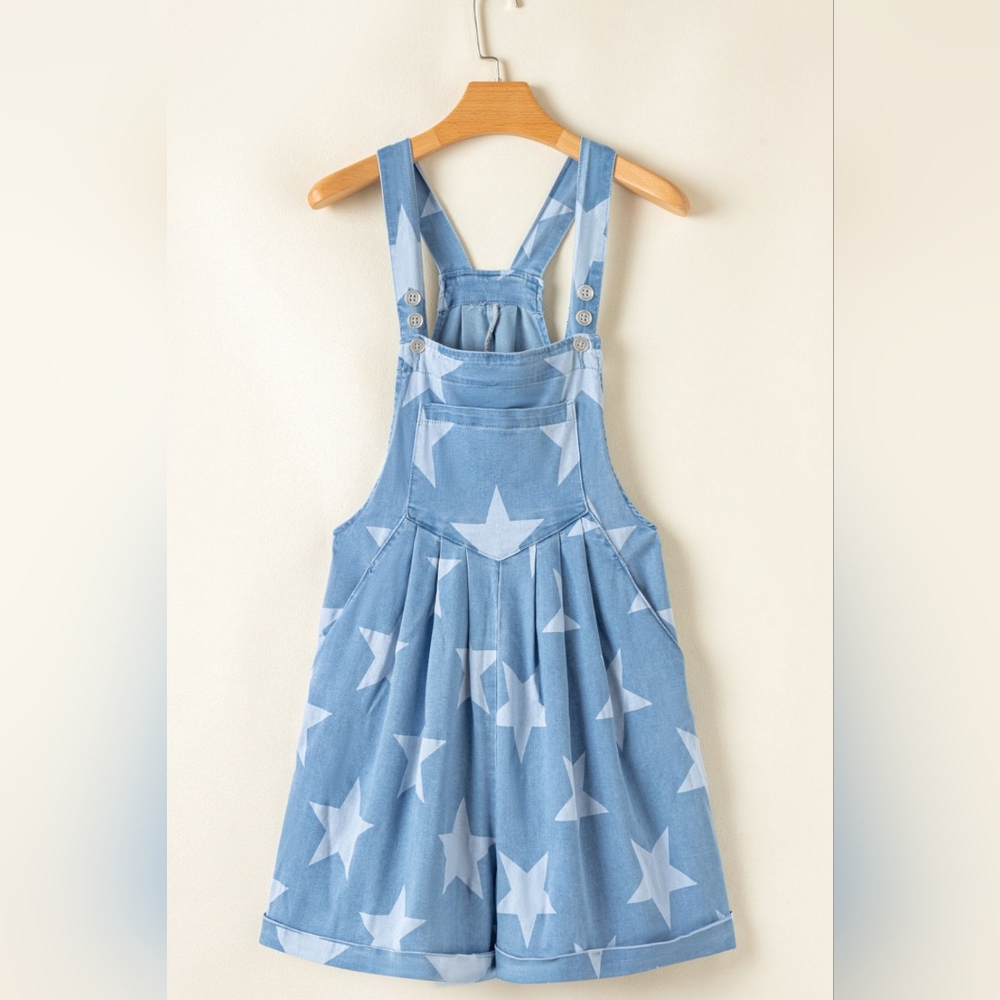 Star Print Square Neck Denim Overalls - Picture 3 of 7